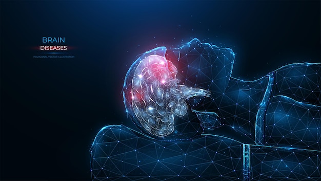 Многоугольная векторная иллюстрация заболеваний головного мозга человека на темно-синем фоне