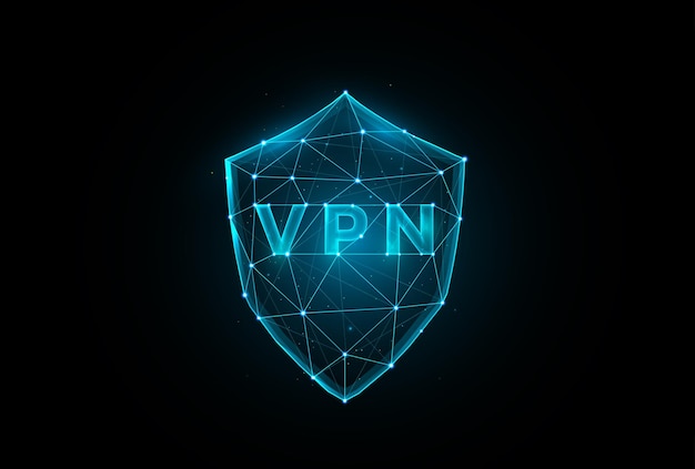 Illustrazione vettoriale dello scudo vpn poligonale su sfondo blu scuro rete privata virtuale low poly design