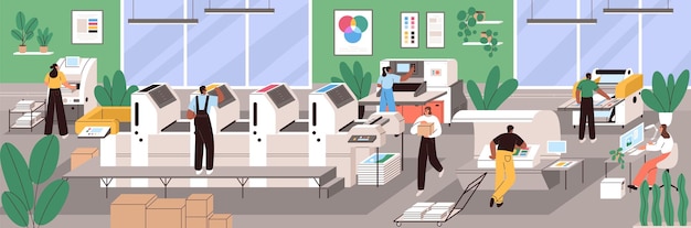 polygraphy industry. production process in printing house. modern printshop company with equipment. people in prepress office with paper machine and printer. flat vector illustration of typography.