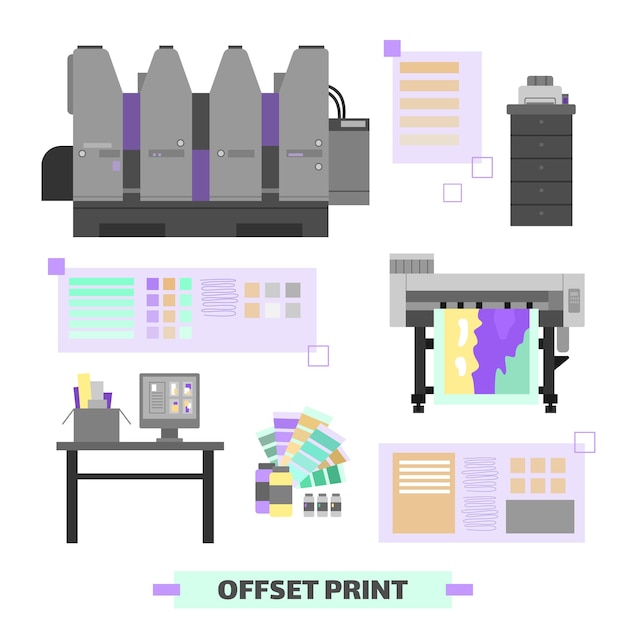 Vector polygraphy printing house equipment set of flat vector illustrations isolated