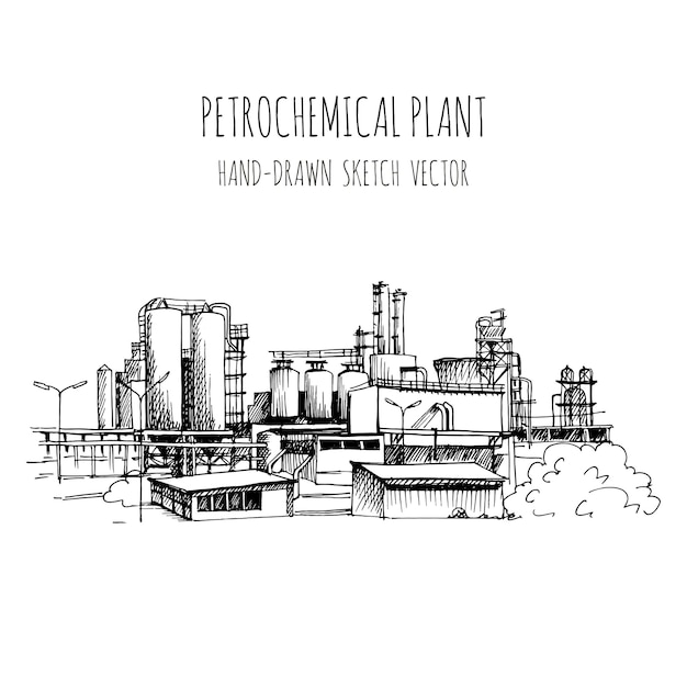 Polymer chemical plant. polymer chemical plant. production buildings and factory buildings, hand-drawn in sketch style.