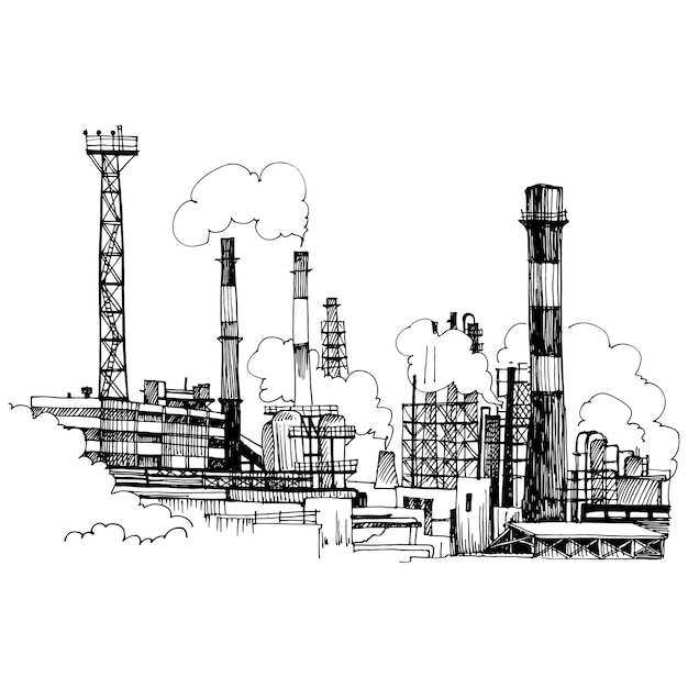 Polymer chemical plant. Production buildings and factory buildings, hand-drawn in sketch style.