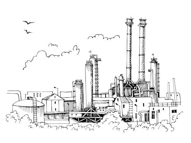 Vector polymer chemical plant production and factory buildings handdrawn in sketch style