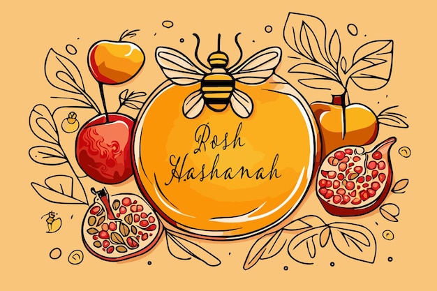 Vector pomegranate apple and honeycomb border jewish new year rosh hashanah shana tova card vector