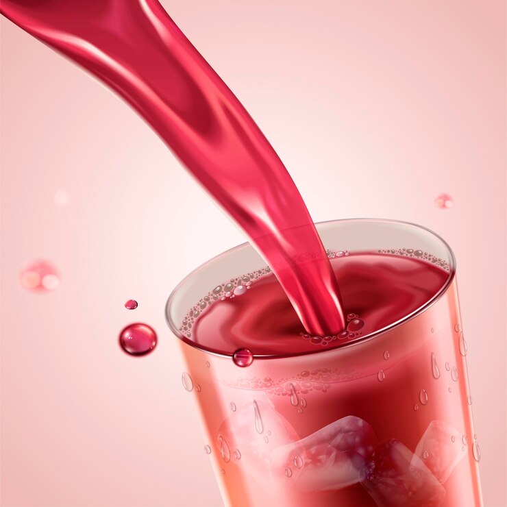 Vector pomegranate or berry juice pouring down into a glass cup with condensation in 3d illustration