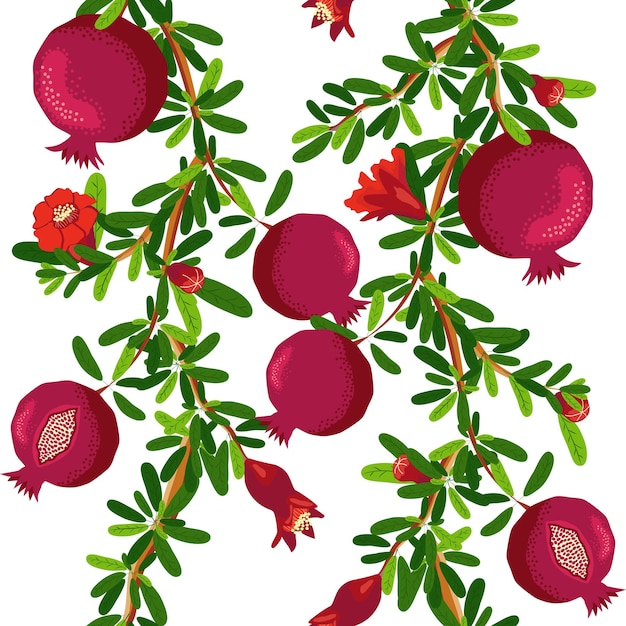 Pomegranate branches with fruits and flowers Seamless pattern Bright leaves and fruits Jewish New Year