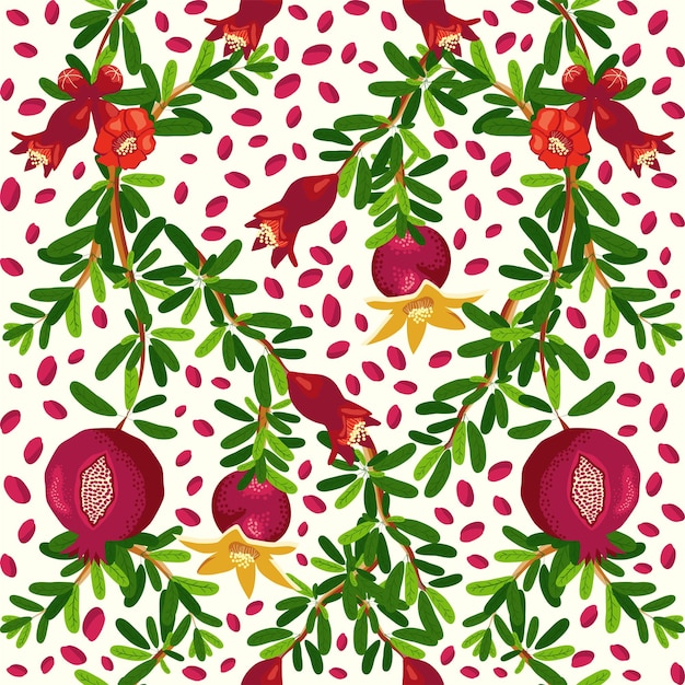 Pomegranate branches with fruits and flowers Seamless pattern Bright leaves and fruits Jewish New Year