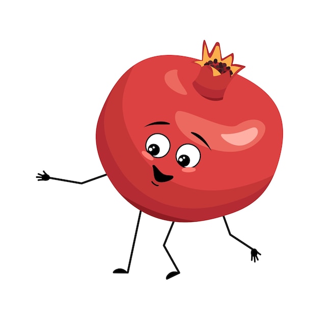 Pomegranate character with happy emotion joyful face smile eyes arms and legs Person with happy expression red fruit emoticon Vector flat illustration