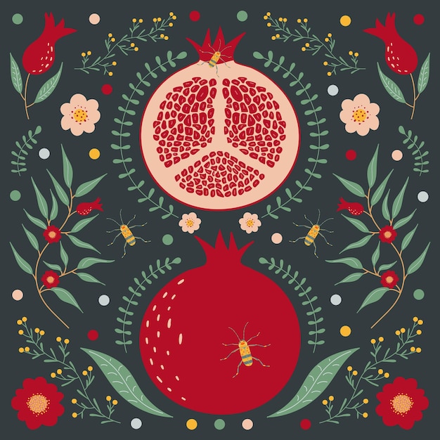 Pomegranate on a dark background with floral elements flowers leaves and yellow beetles