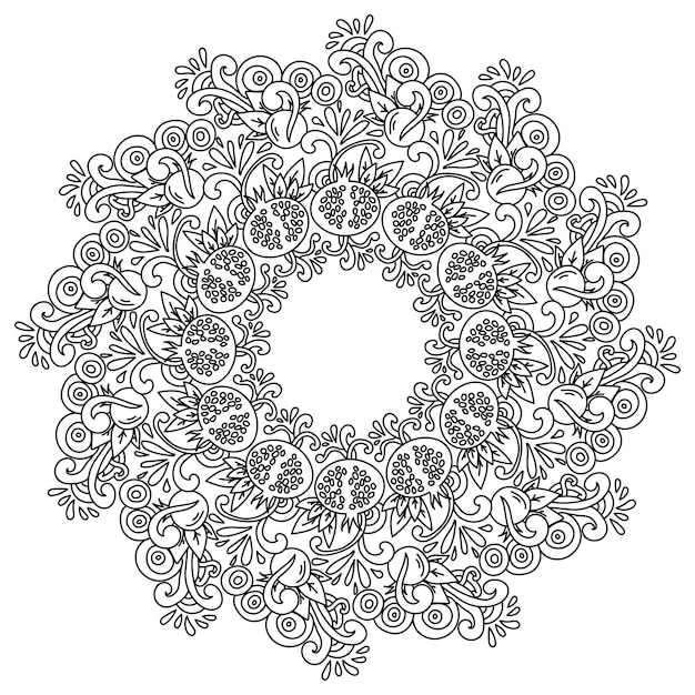 Pomegranate fruit in mandala intricate patterns with fruit elements  coloring page with doodle curls