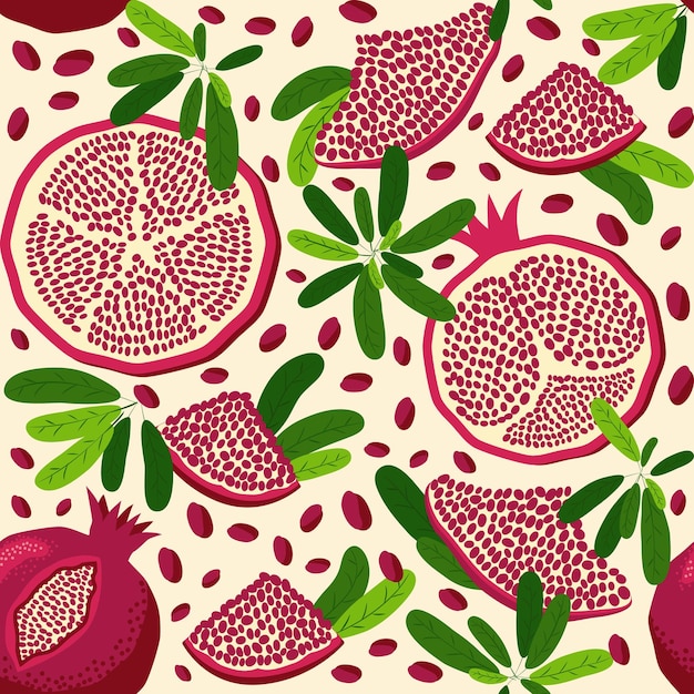 Pomegranate fruit seamless pattern Bright leaves and fruits seeds and lobules Shana Tova seamless pattern