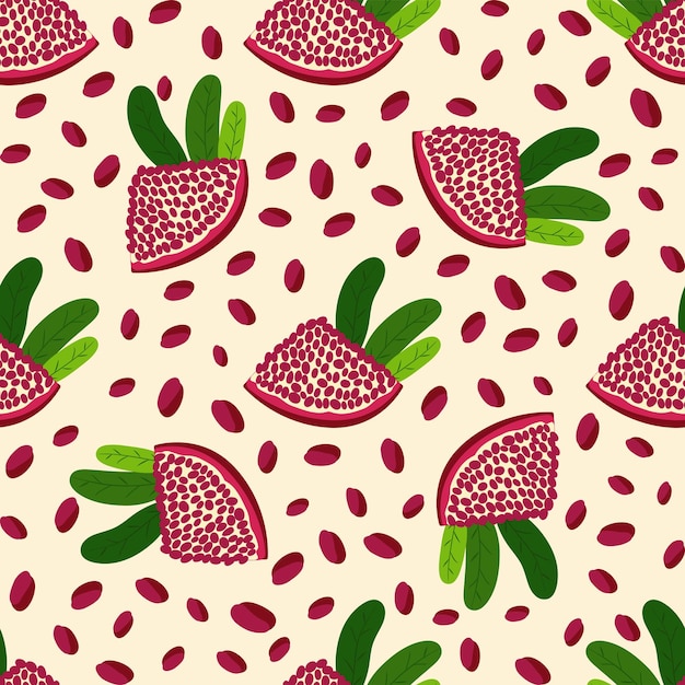 Pomegranate fruit seamless pattern Bright leaves and fruits seeds and lobules Shana Tova seamless pattern