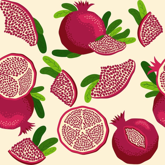 Pomegranate fruit seamless pattern Bright leaves and fruits seeds and lobules Shana Tova seamless pattern