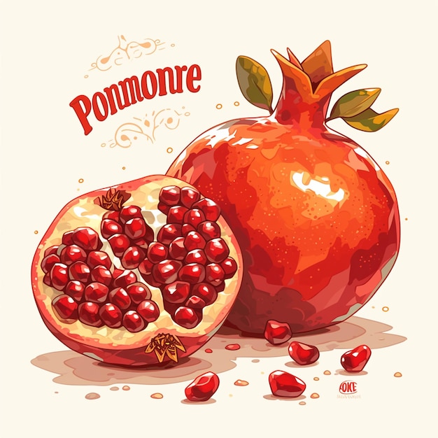 Vector pomegranate halves exposing red arils