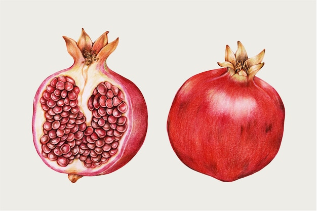 Pomegranate hand-drawn vector in colored pencil