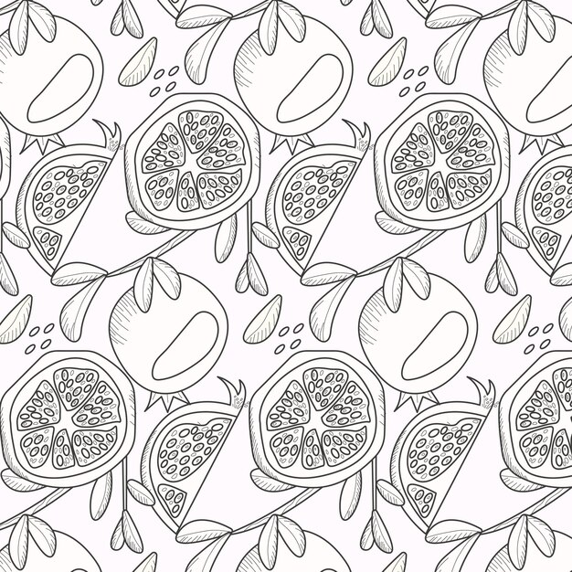 석류 패턴. 씨앗이 있는 가넷 과일 전체 및 조각
