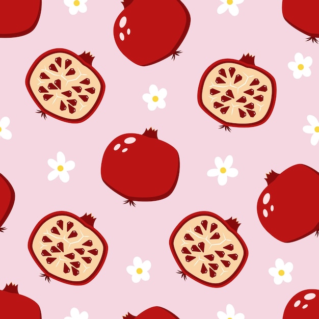 Pomegranate pattern with white flowers summer fruits seamless background