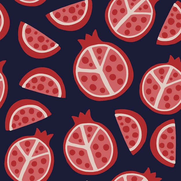 Vector pomegranate seamless pattern exotic tropical red fruit juicy half garnet on blue background vector cartoon minimalistic isolated texture textile wrapping paper wallpaper and fabric