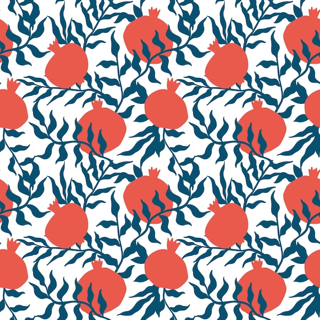 Pomegranate seamless pattern with leaves. floral vector illustration of abstract doodle and scandinavian fruits. garnet armenian pattern. the elegant the template for fashion prints.