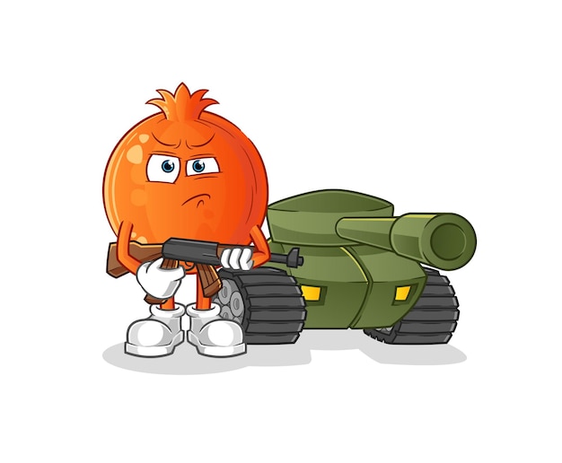 Vector pomegranate soldier with tank character. cartoon mascot vector