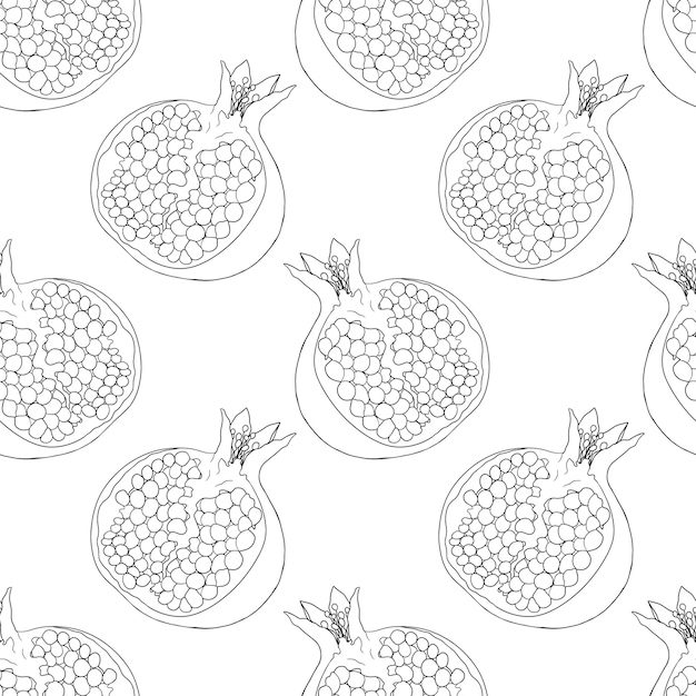 Pomegranate vector seamless pattern. Vegetarian food drawing. Ripe garnet fruit with seeds