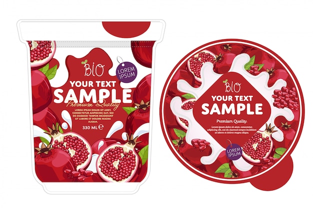 Vector pomegranate yogurt packaging template.