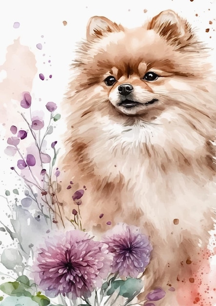 Vector pommeren hond met een aquarel full colour illustratie