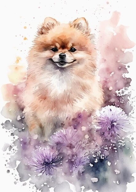 Pommerse hond met een aquarel full colour ontwerp