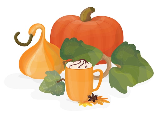 Pompoen herfst koffie drinken met kruiden. Pompoenen en esdoornbladeren.