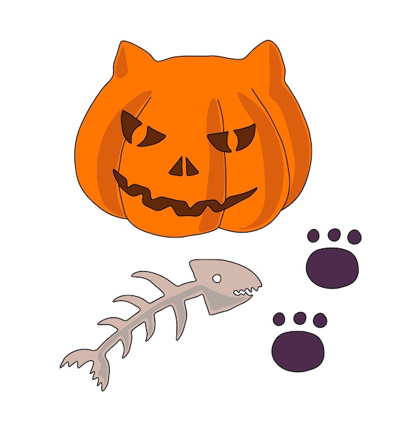 Vector pompoen in de vorm van een kattenkop, een vissenskelet en kattenvoetafdrukken. set halloween-items