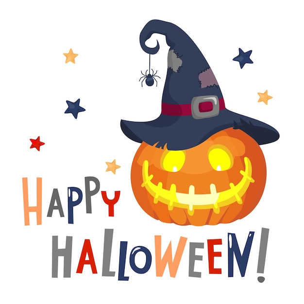 Pompoen in een heksenhoed met de letter Happy Halloween geïllustreerde vector clipart