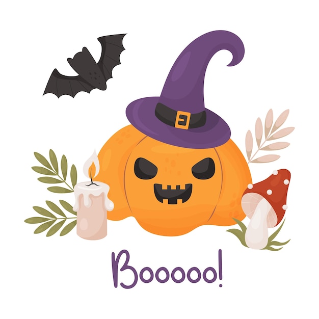 Pompoen Jack in heksenhoed met kaarsvliegenzwam en vleermuis Halloween-kaart