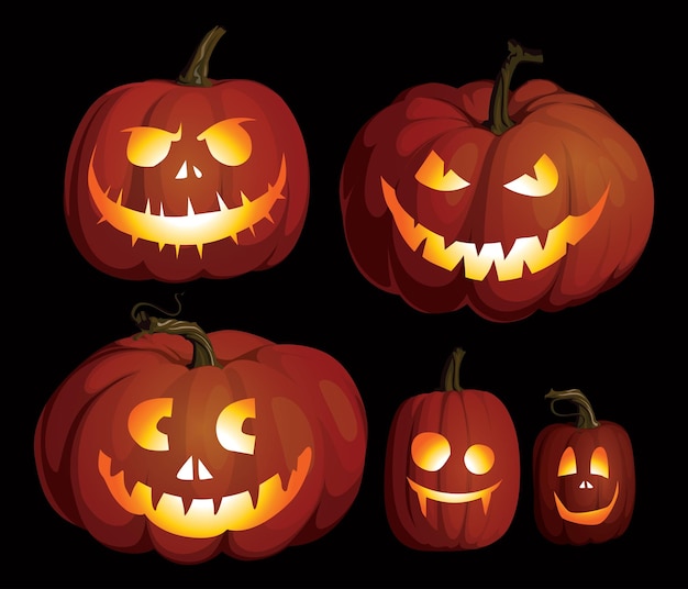 Pompoen jack skelet gezicht vector set Halloween pompoenen geïsoleerd Realistische oranje pompoen