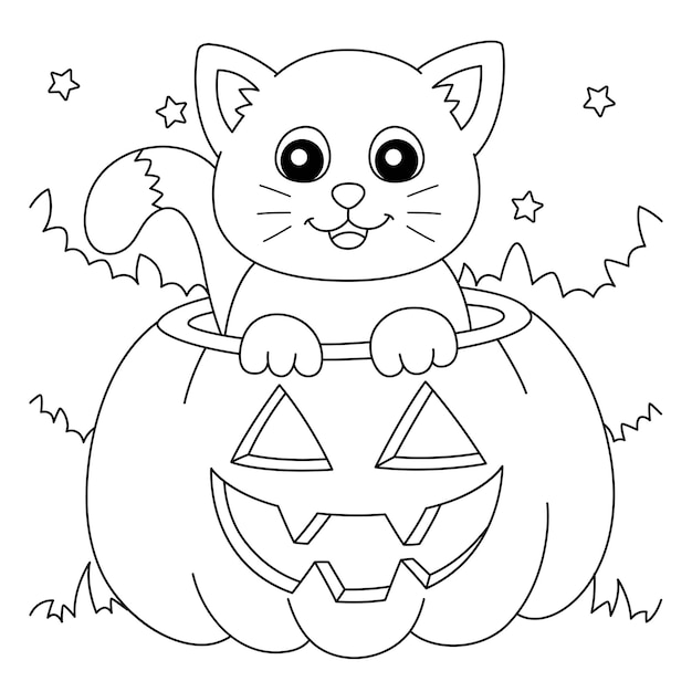 Pompoen Kat Halloween Kleurplaat Geïsoleerd