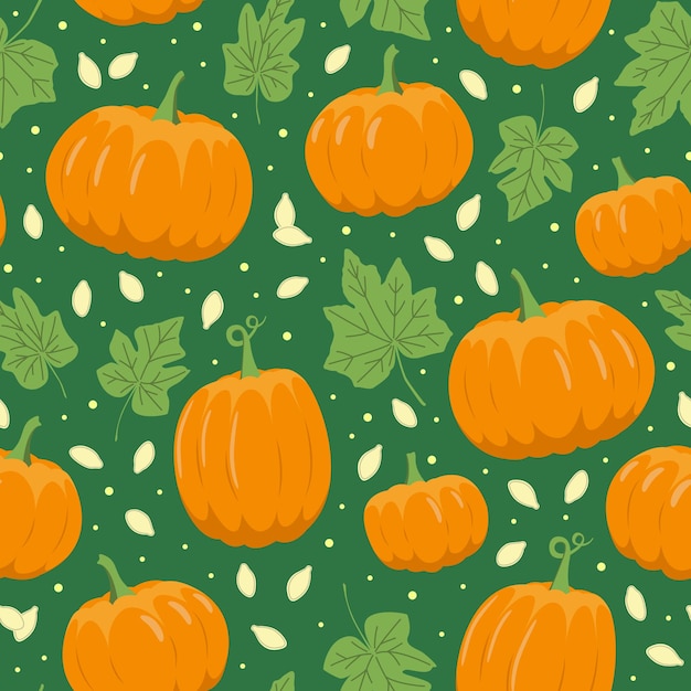 Pompoen naadloos patroon voor herfst of Halloween op groene achtergrond Pompoenbladeren zaden Geïsoleerde vector stock illustratie EPS 10