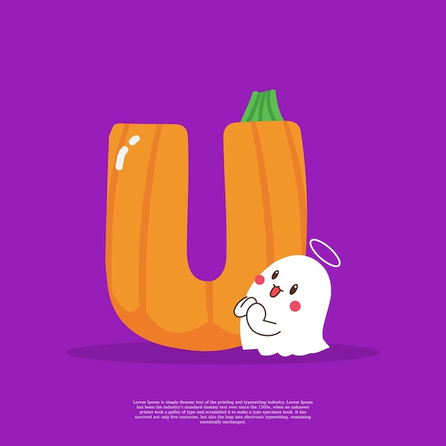 Pompoen plus letter U met schattige spookemoji-sticker ernaast vectorillustratie