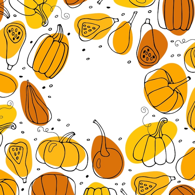 Pompoen schets frame. Diverse pompoenen. Hand getekende herfst vector collectie. Thanksgiving, Halloween