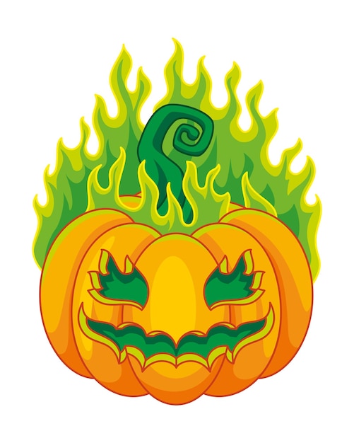 Vector pompoen voor halloween in groen vuur cartoon vectorillustratie