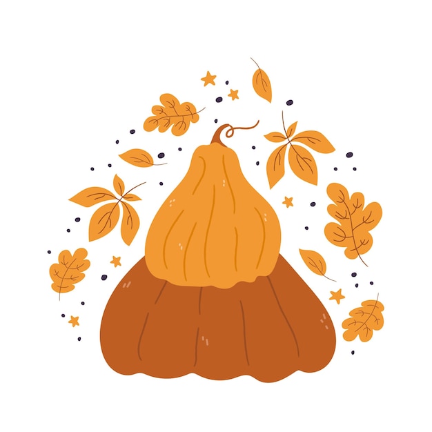 Pompoenen cartoon composities met bladeren en bloemen Pompoen geïsoleerde vector compositie voor herfst herfst landbouw oogst Thanksgiving of Halloween ontwerpen