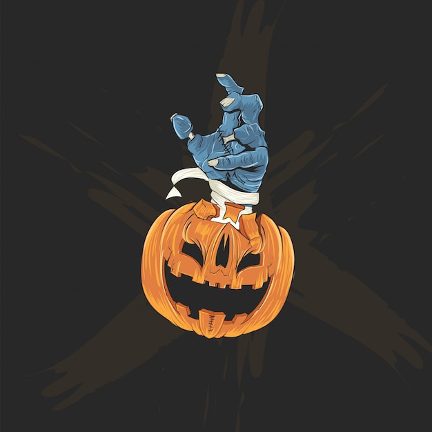 Pompoenen hoofd en zombies hand voor halloween poster, banner en t-shirt