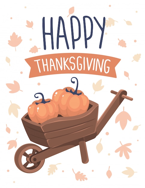 Pompoenen in kruiwagen en tekst happy thanksgiving met herfstbladeren op wit