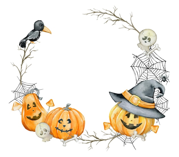 Pompoenen kraaien spinnen spinnenweb paddestoelen schedel botten Aquarel feestelijk frame in cartoon stijl maar geïsoleerde achtergrond Halloween clipart