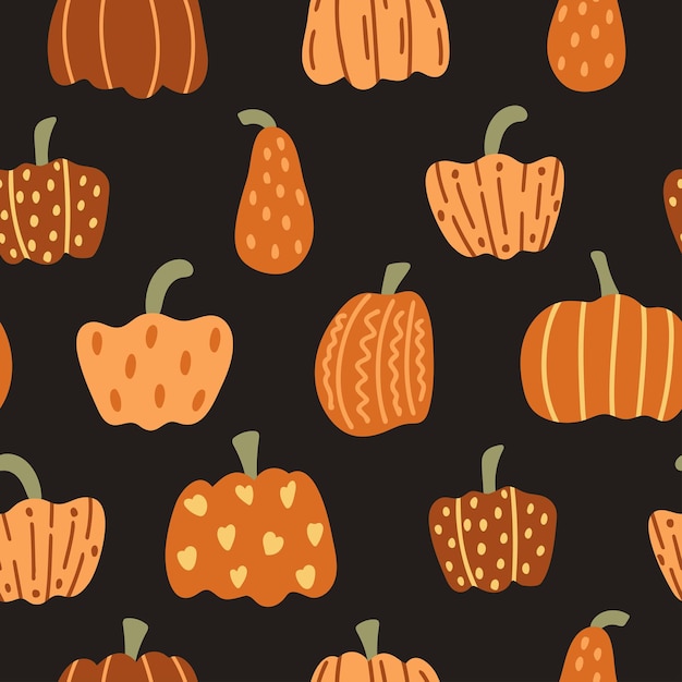 Pompoenen op donkere achtergrond naadloze patroon herfst groenten print set gevarieerd oranje pompoenen