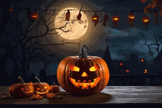 Pompoenen uit schedels vleermuizen maan en graven op het kerkhof op spookachtige Halloween nacht Digitale verf