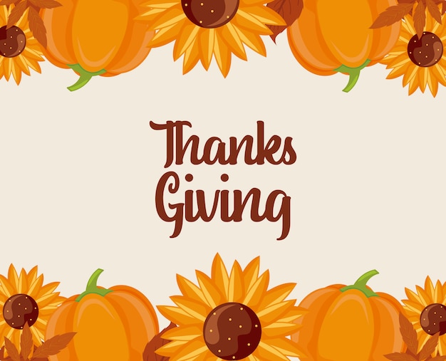 Pompoenenzonnebloemen en bladeren van thanksgiving day vectorontwerp