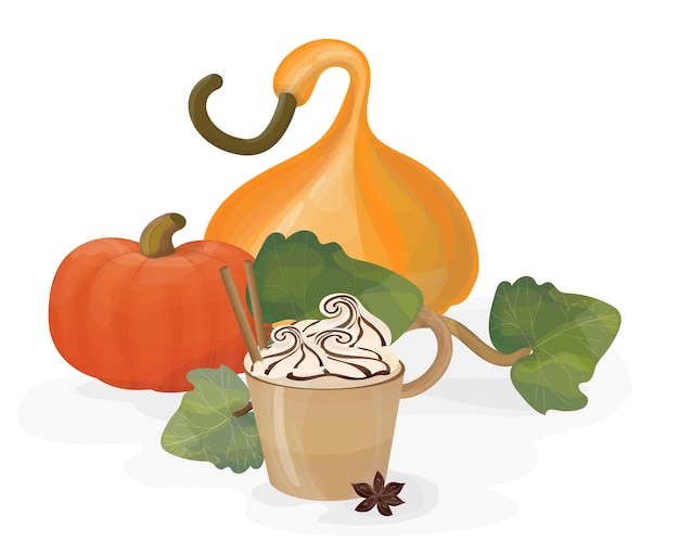 Pompoenkruid latte met room. Herfst seizoen drankje in een kopje.