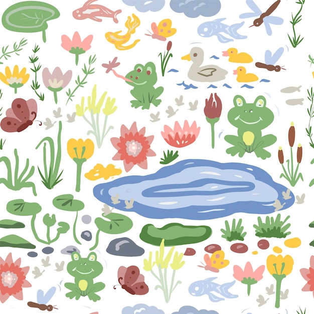 Pond frog lake water lilies reeds nature animals insects ducks, big set illustration hand drawn