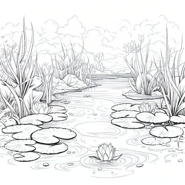 Vector pond with floating water lilies coloring book