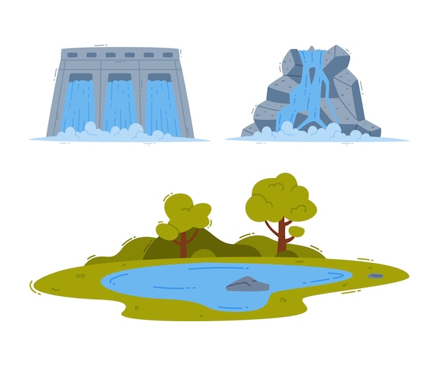 Pond with Natural Water Fountain and Dam Vector Set