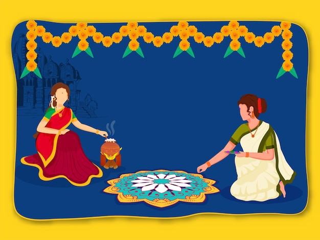 Pongal Celebration achtergrond met anonieme Zuid-Indiase vrouwen koken en Rangoli maken